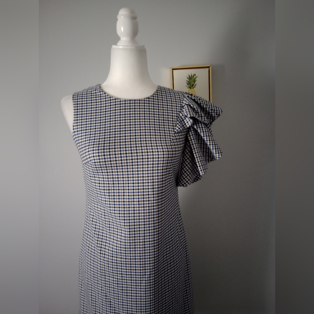 Banana Republic women dress size 0 Midi Shift Zipper Back One Shoulder Ruffle - Picture 6 of 10
